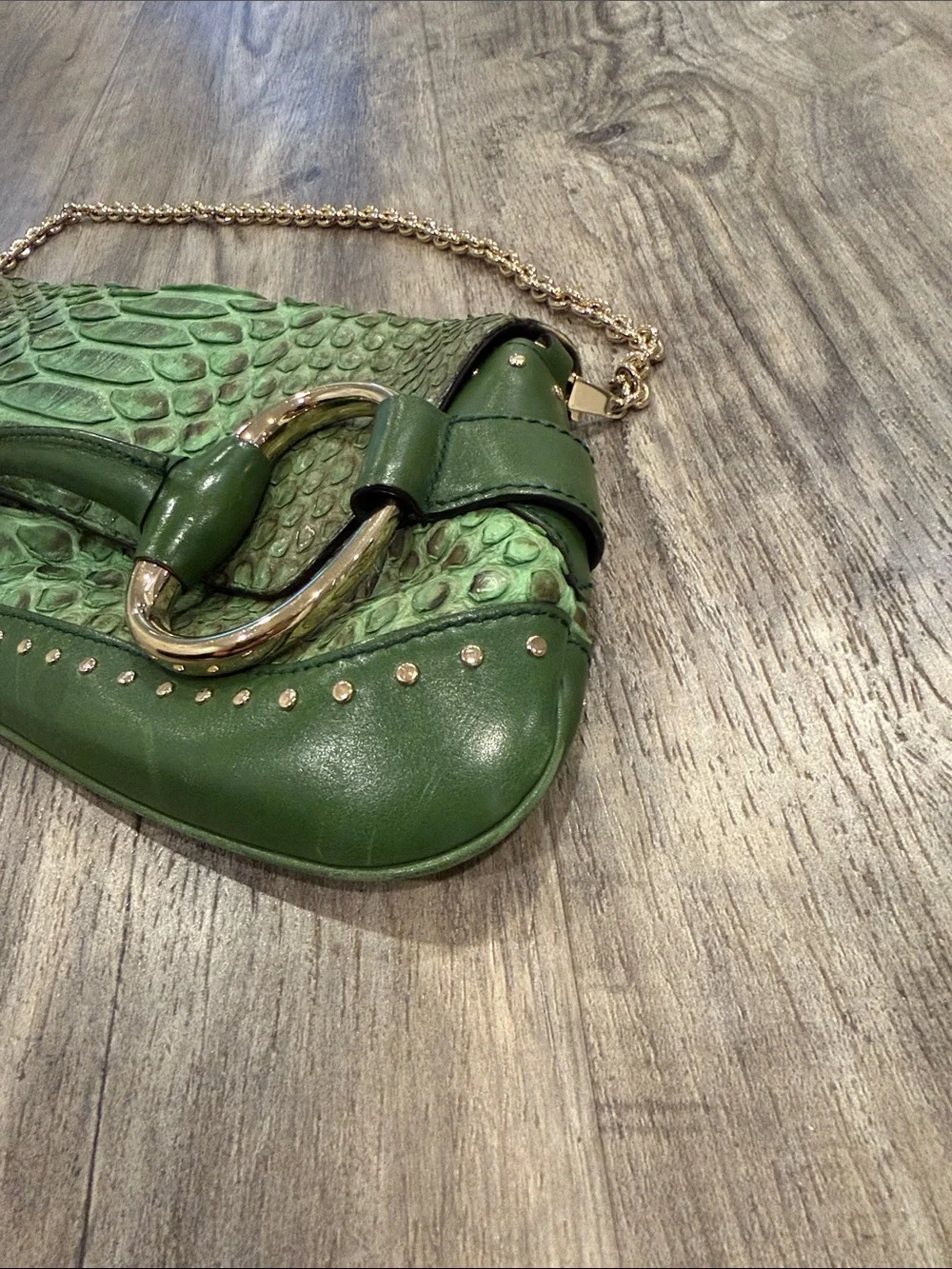 Tom Ford for Gucci 2004 Green Python Horsebit Chain Clutch Shoulder Bag Rare